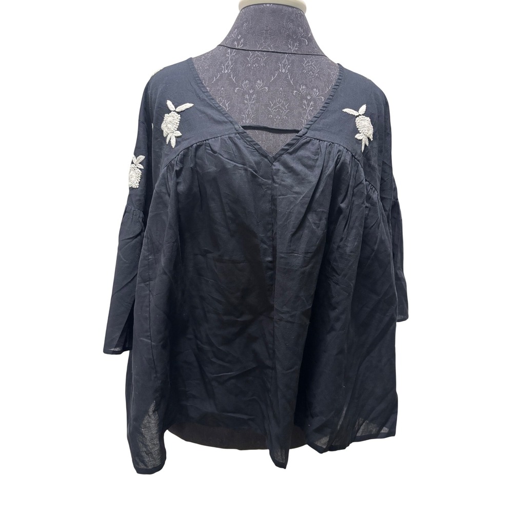 NWT Daniel Cassin Blusa Komi Black Embroidered Cotton V-Neck Blouse Size L